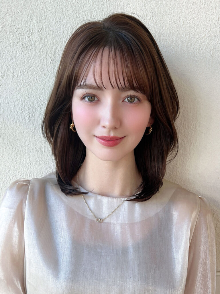 くびれヘアミディアムレイヤー顔まわりレイヤー前髪あり透明感カラー