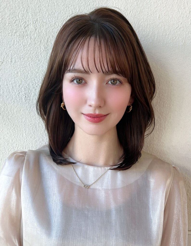 くびれヘアミディアムレイヤー顔まわりレイヤー前髪あり透明感カラー